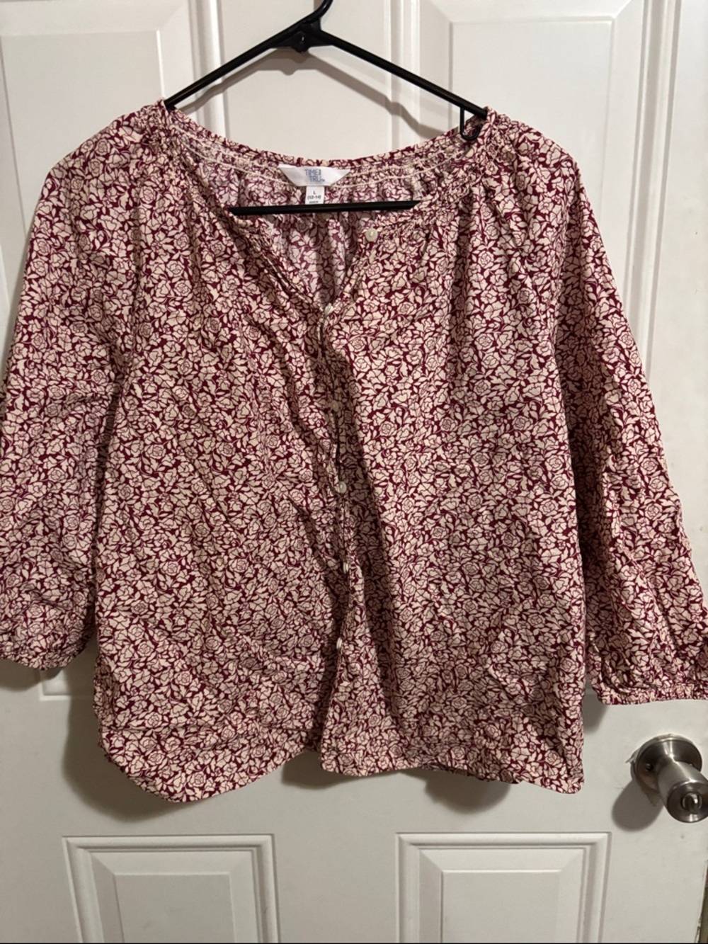 Time and Tru Burgundy and Cream Floral Button-Up Blouse